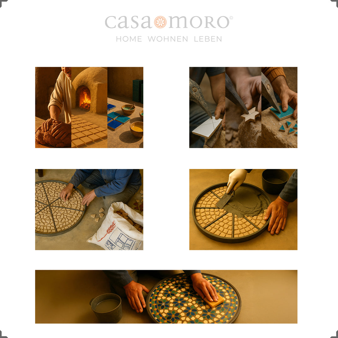 Pflegeleichter Mosaiktisch aus Zellige-Fliesen, feucht abwischbar und frostsicher lagerbar