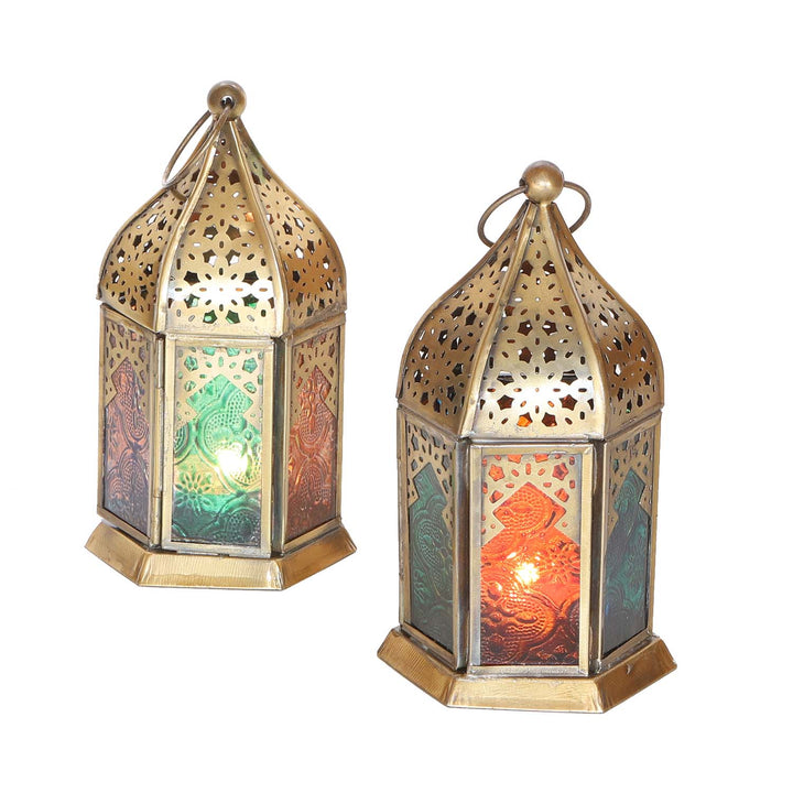 Oosterse glazen windlichten Nael Multicolor Set van 2