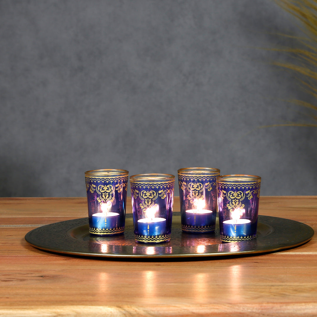 Theelichtglas blauw goud, set van 6