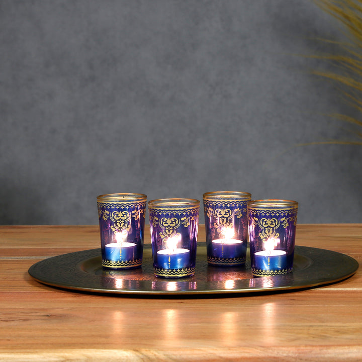Theelichtglas blauw goud, set van 6