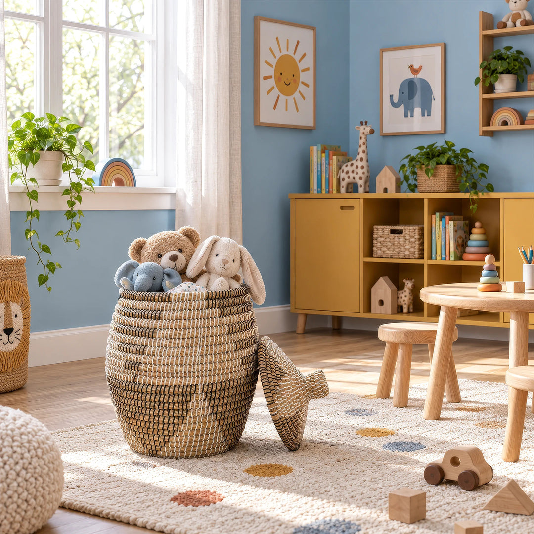 Zeegrasmand in de kleuren naturel/bruin/zwart/wit met een inhoud van circa 30 liter en knuffels in de kinderkamer.