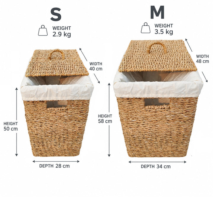 Opbergmanden met deksel: S met een inhoud van 50 liter, 40×28×50 cm, 2,9 kg; M met een inhoud van 90 liter, 48×34×58 cm, 3,5 kg (B×D×H).