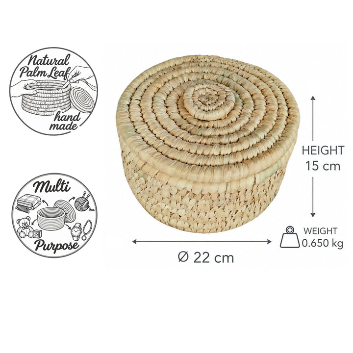 Handgeflochtener Aufbewahrungskorb mit Deckel aus Palmblatt, Größe S: Ø 22 cm, 15 cm Höhe und 0,65 kg Gewicht.