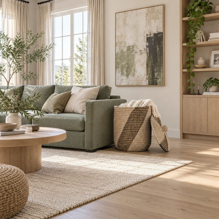 Seegras-Aufbewahrungskorb mit ca. 65 Litern Volumen, heller Decke und angelehntem Deckel neben einem grünen Sofa.