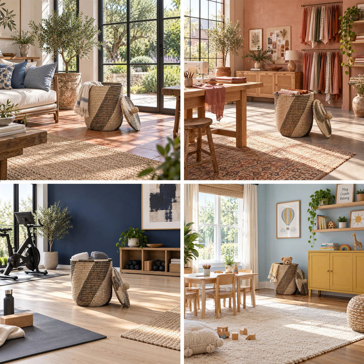 Collage: Seegraskorb mit ca. 65 Litern Volumen im Wintergarten, Nähatelier, Fitnessraum und Kinderzimmer.