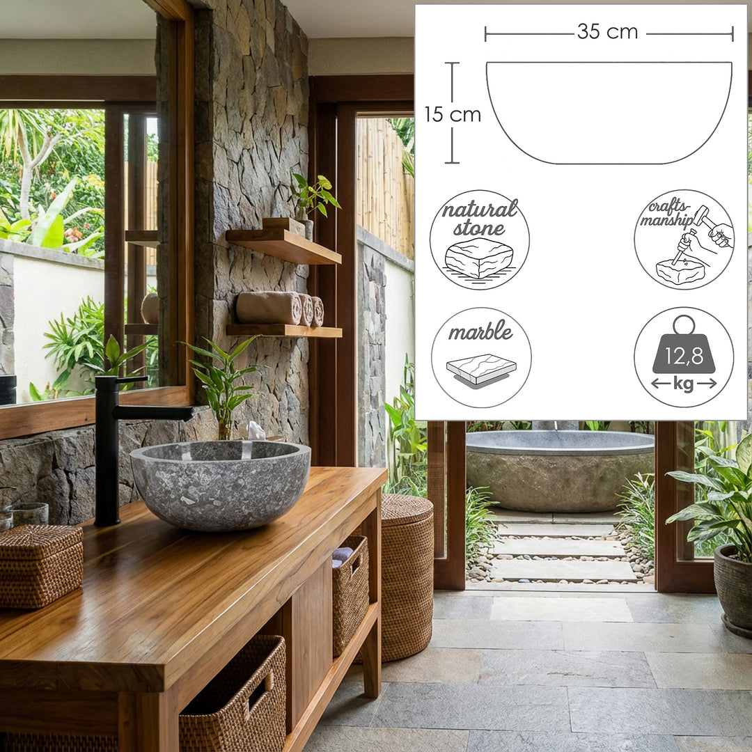 Marmeren opzetwastafel van natuursteen op een ronde houten console Wastafel in de spabadkamer met dimensionale afbeeldingen
