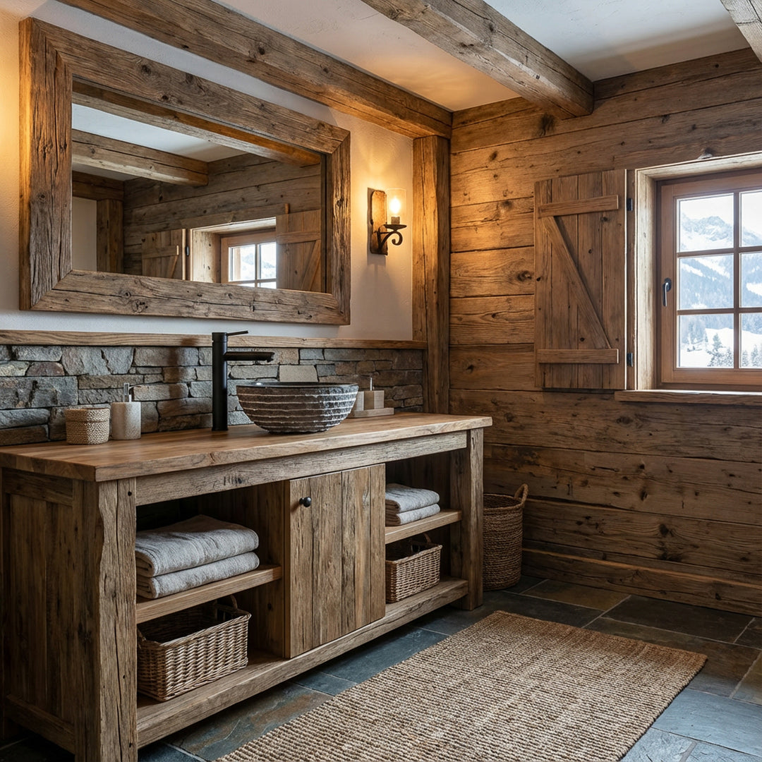 Ronde opzetwastafel van natuursteen op rustieke houten wastafel in gezellige chaletbadkamer met stenen muur en warm licht
