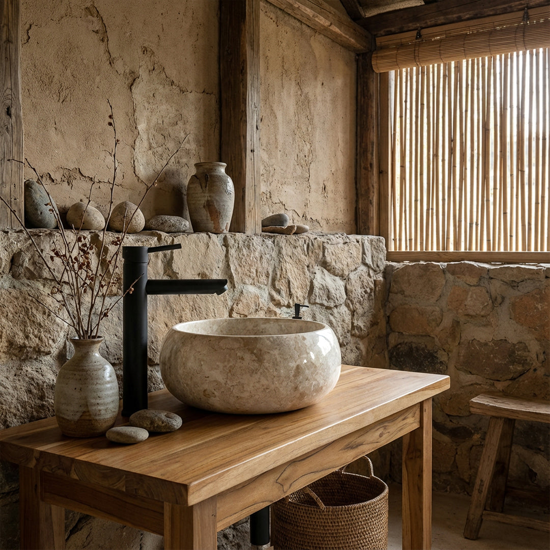 Ronde opzetwastafel van licht marmer op een houten wastafel met zwart beslag in een rustige, natuurlijke badkamersfeer