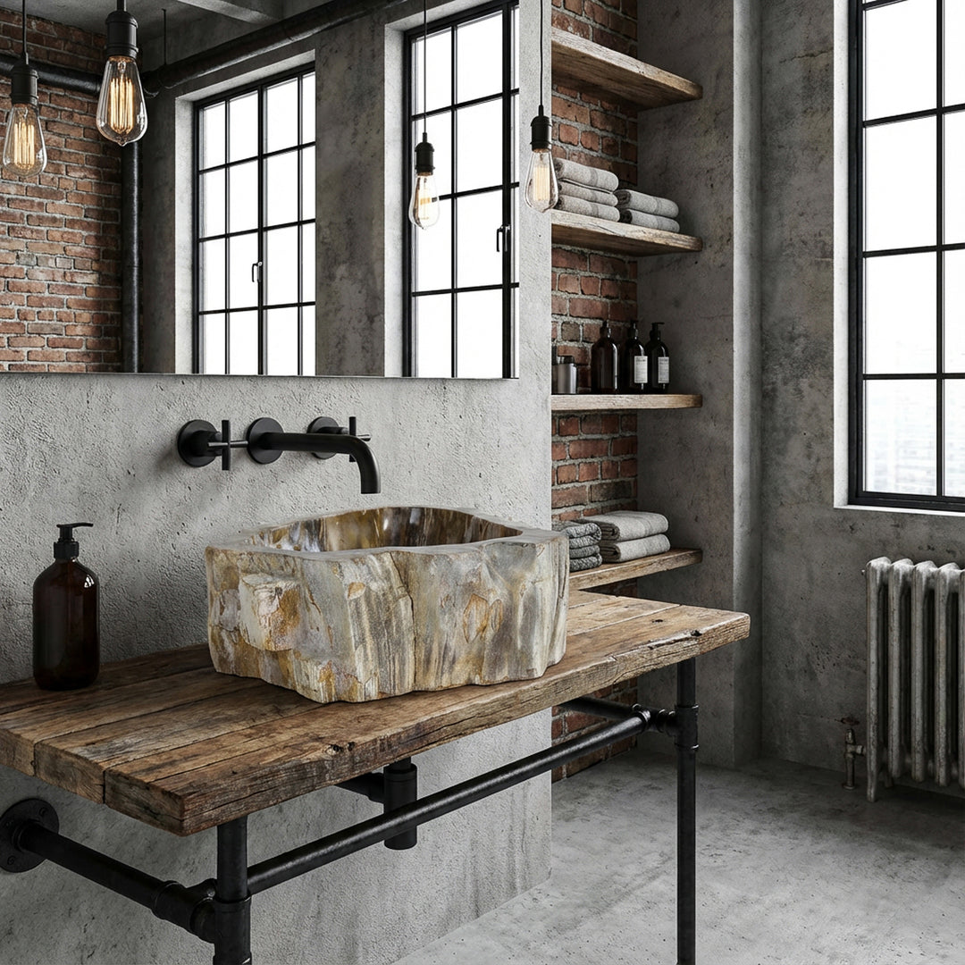 Opzetwastafel van natuursteen met fossiele houtstructuur, geplaatst op houten plank in industriële badkamer met bakstenen muur en metalen beslag.