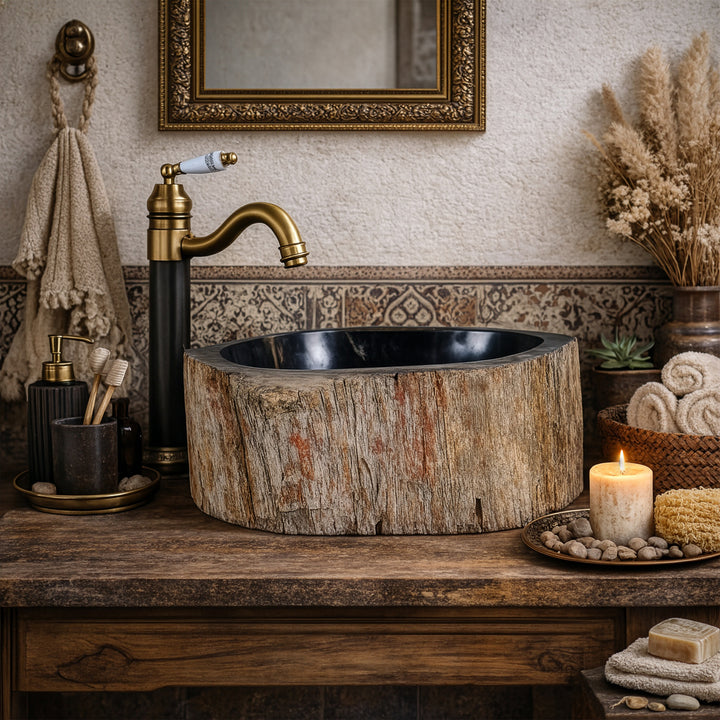 Opzetwastafel van natuursteen met versteende houtstructuur, ronde stenen wastafel op houten console met messing beslag in een warme badkamersfeer.