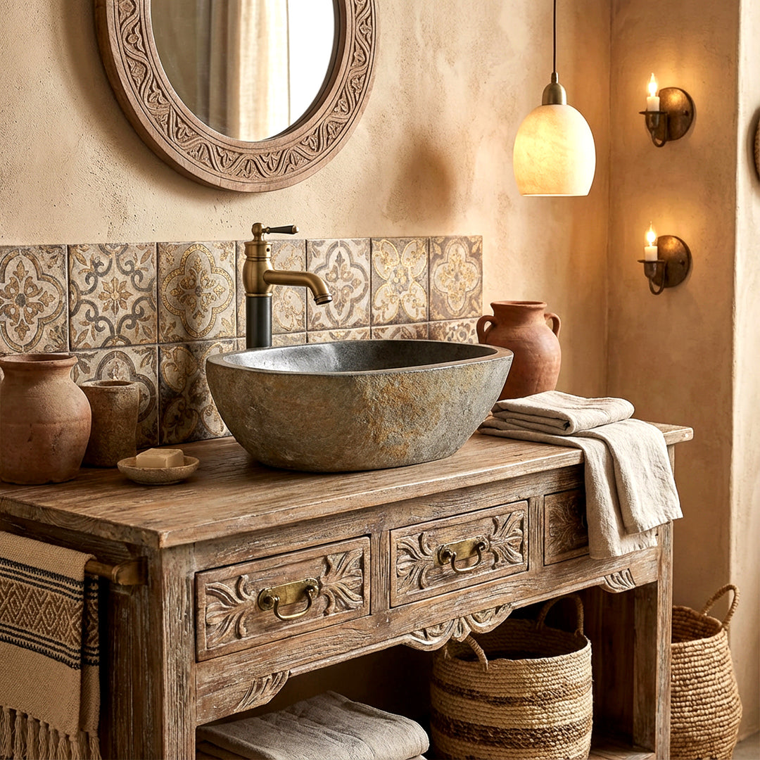 Opzetwastafel van riviersteen in de warme oosterse badkamer op een houten wastafel, gecombineerd met messing beslag en een handgemaakte sfeer