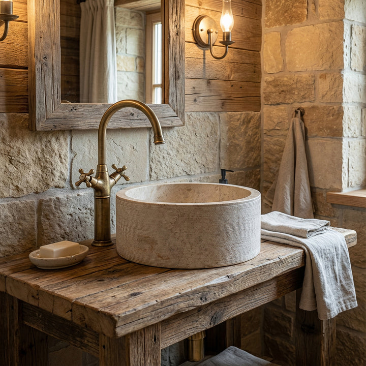 Ronde opzetwastafel van steen op een rustieke houten tafel, gecombineerd met messing beslag in een gezellige landelijke badkamer.