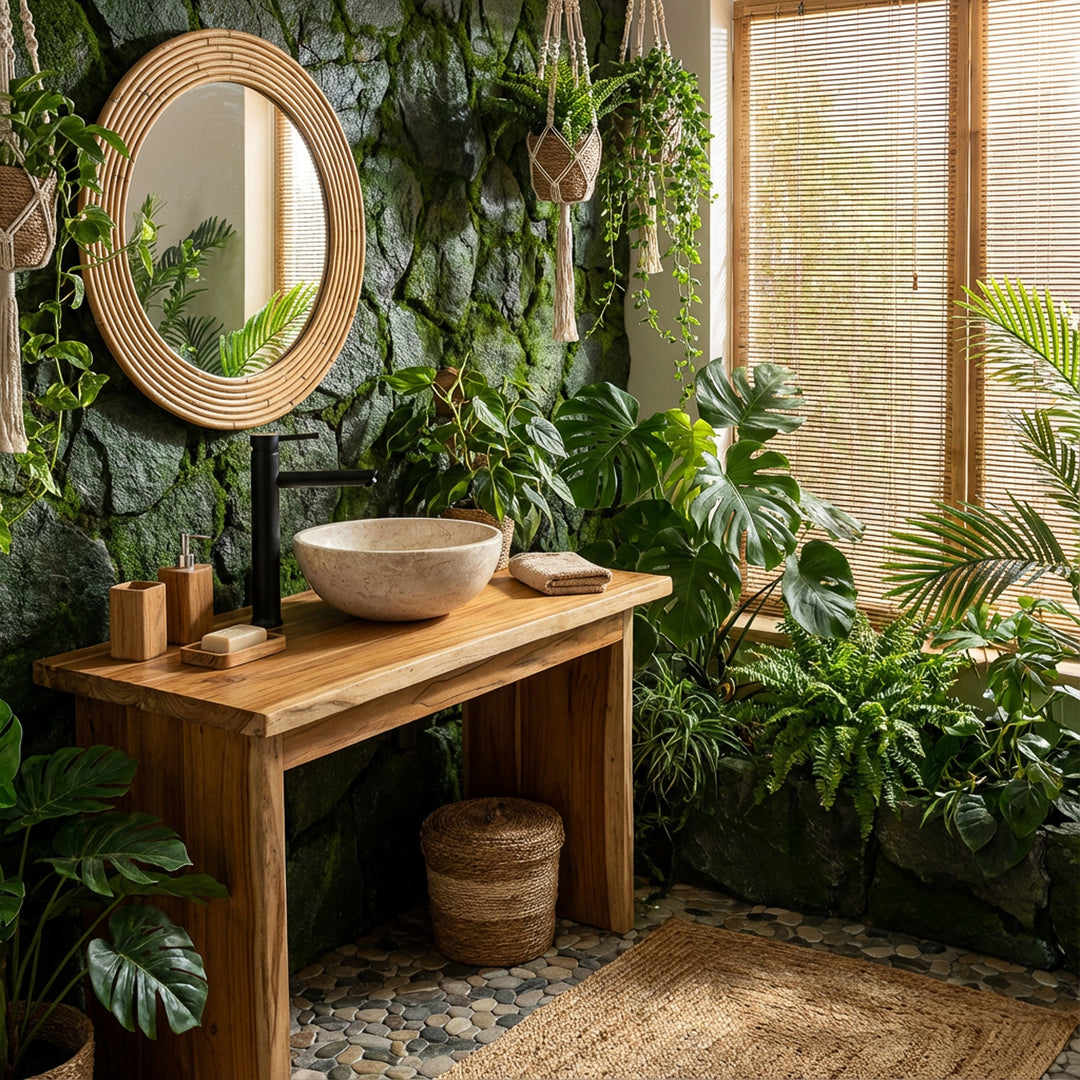 Ronde opzetwastafel van lichte steen op een houten wastafel met zwart beslag in een groene spa badkamer sfeer