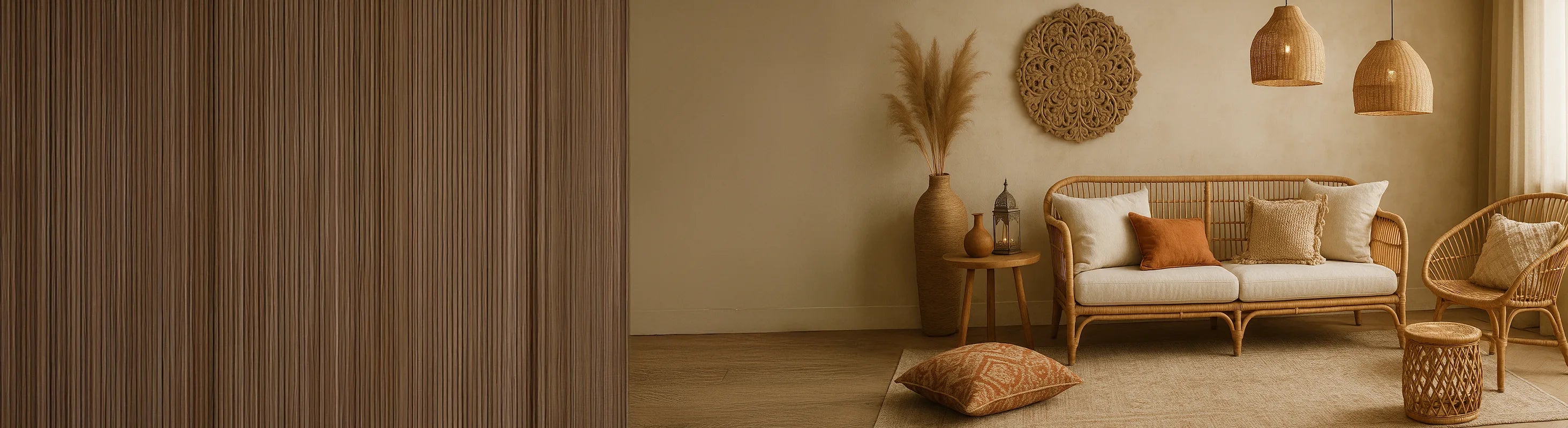 Boho-stijl – Chique woonkamer in boho-stijl met rotanmeubels, natuurlijke tinten, geweven kussens, geweven lampen en Marokkaanse decoratieve accenten