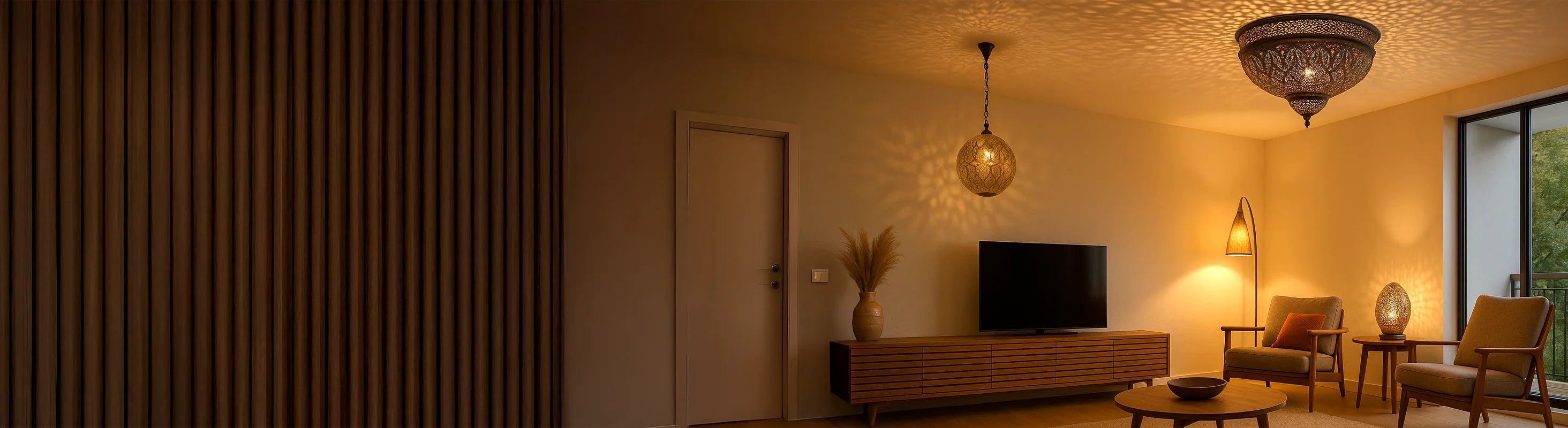 Plafondlampen – Wohnzimmer mit handgefertigten Deckenleuchten, Stehlampe und Tischleuchte – stimmungsvolle Beleuchtung in warmem Ambiente