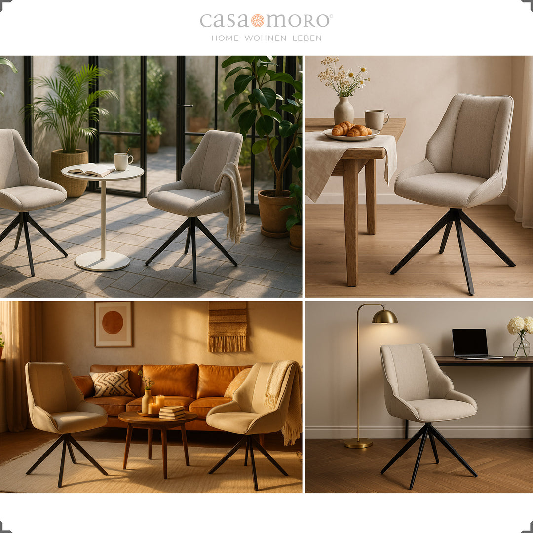 360° drehbare Esszimmerstühle in Hellgrau mit schwarzem Metallgestell in verschiedenen Wohnsituationen – im Esszimmer, Wohnzimmer, Büro und Wintergarten stilvoll kombiniert