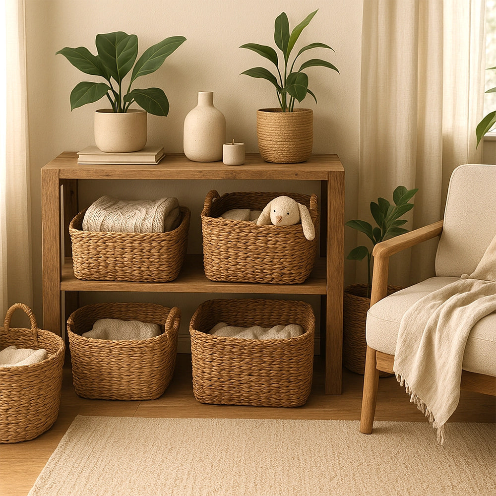 Helles Wohnzimmer mit Holzkonsole und geflochtenen Körben, weich dekoriert mit Pflanzen, Textilien und einem Stofftier – warm und natürlich.