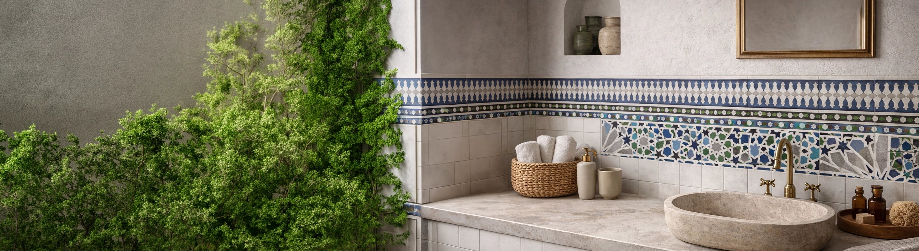 Grenzen – Tegelranden in de badkamer met een oosters patroon - decoratieve tegelstrips voor wanddecoratie in mediterrane stijl