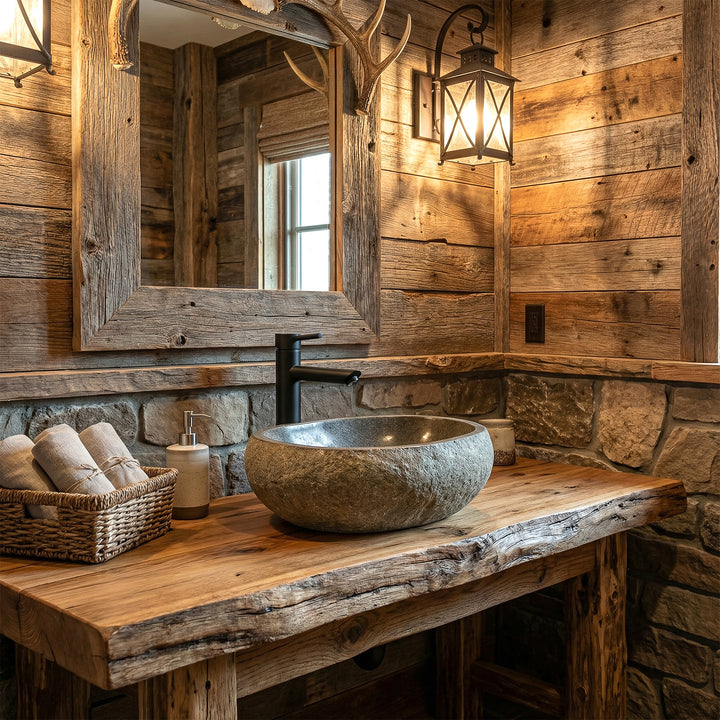 Wastafel gemaakt van River Stone in een rustieke badkamer op een massief houten console met zwart beslag en warme verlichting