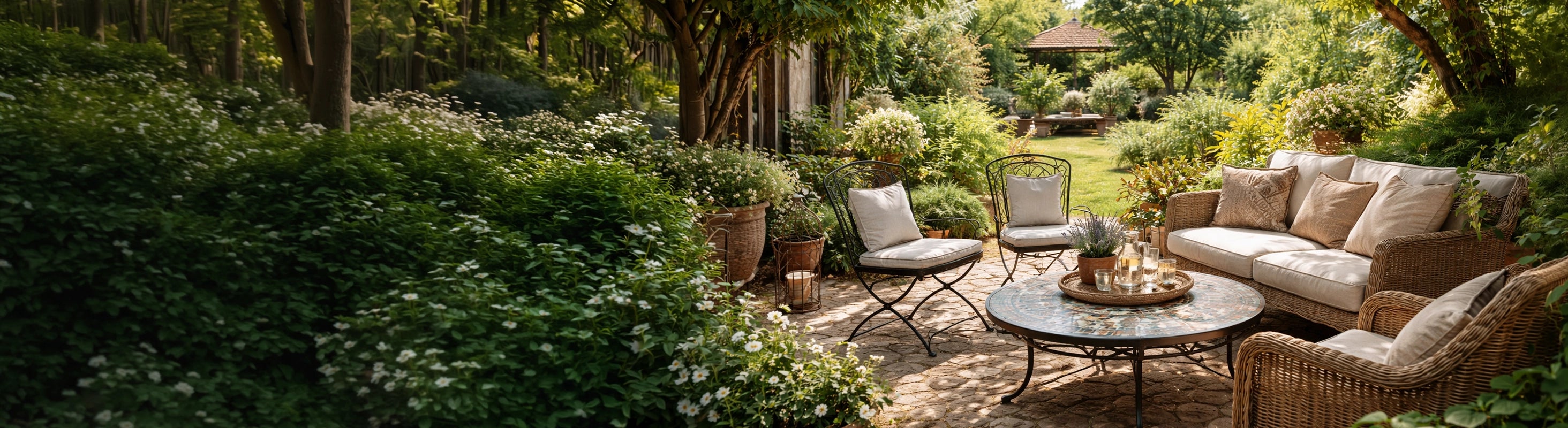 Tuinstoelen & banken – Garten mit Sitzgruppe aus Rattan-Sofa und Eisenstühlen rund um Mosaiktisch auf Naturstein-Terrasse im Grünen