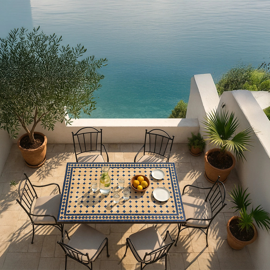 Rechteckiger Mosaiktisch mit blauem Fliesenmuster auf Terrasse mit Meerblick und Metallstühlen