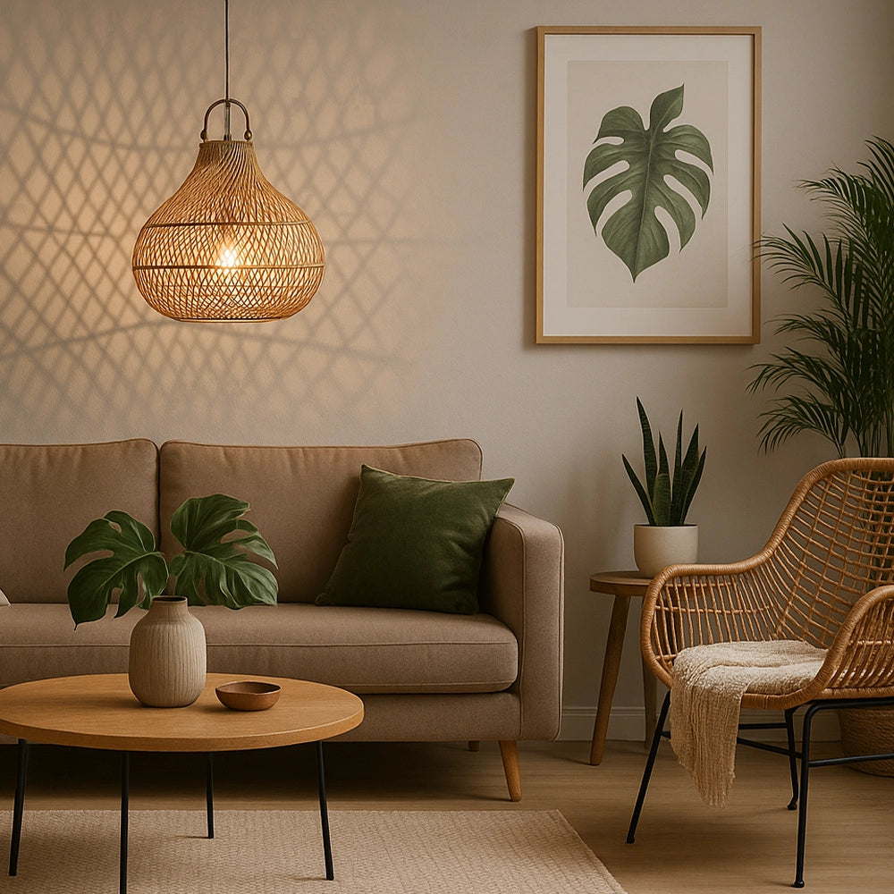 Gemütliches Wohnzimmer mit Rattan-Hängelampe, die ein dekoratives Schattenmuster wirft, kombiniert mit Naturtönen, Pflanzen und modernen Holzmöbeln.