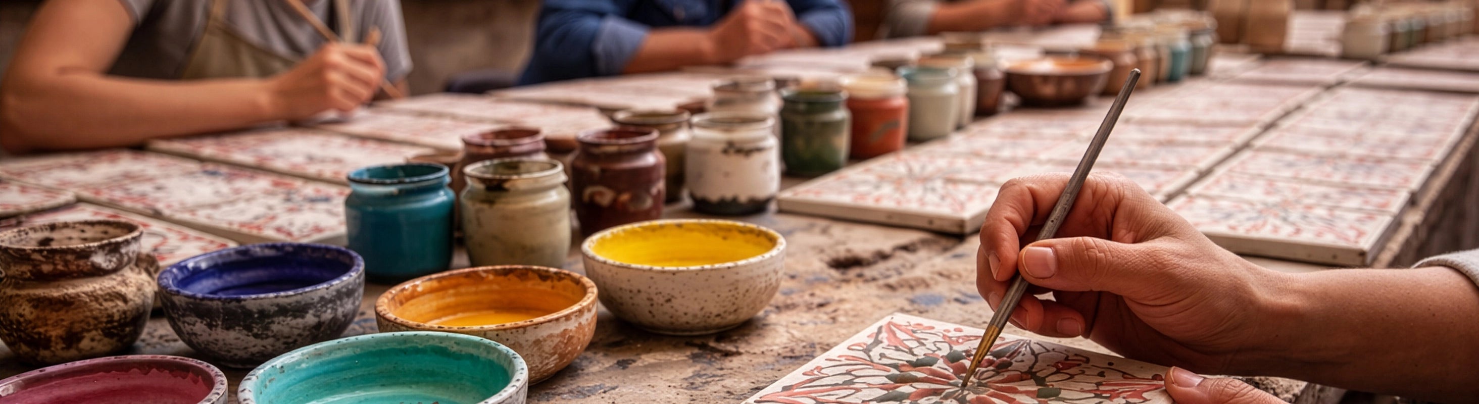 Handbemalte Fliesen – Traditionelle Werkstatt in Marokko, in der handbemalte Keramikfliesen von Hand bemalt werden