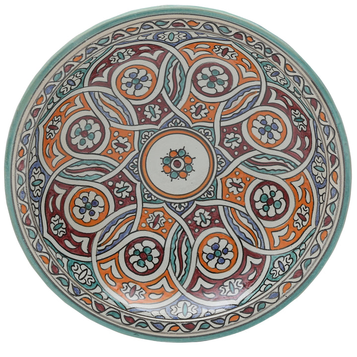 Marokkaanse keramische schaal uit Fez met een kleurrijk vlechtpatroon, Ø 35 cm
