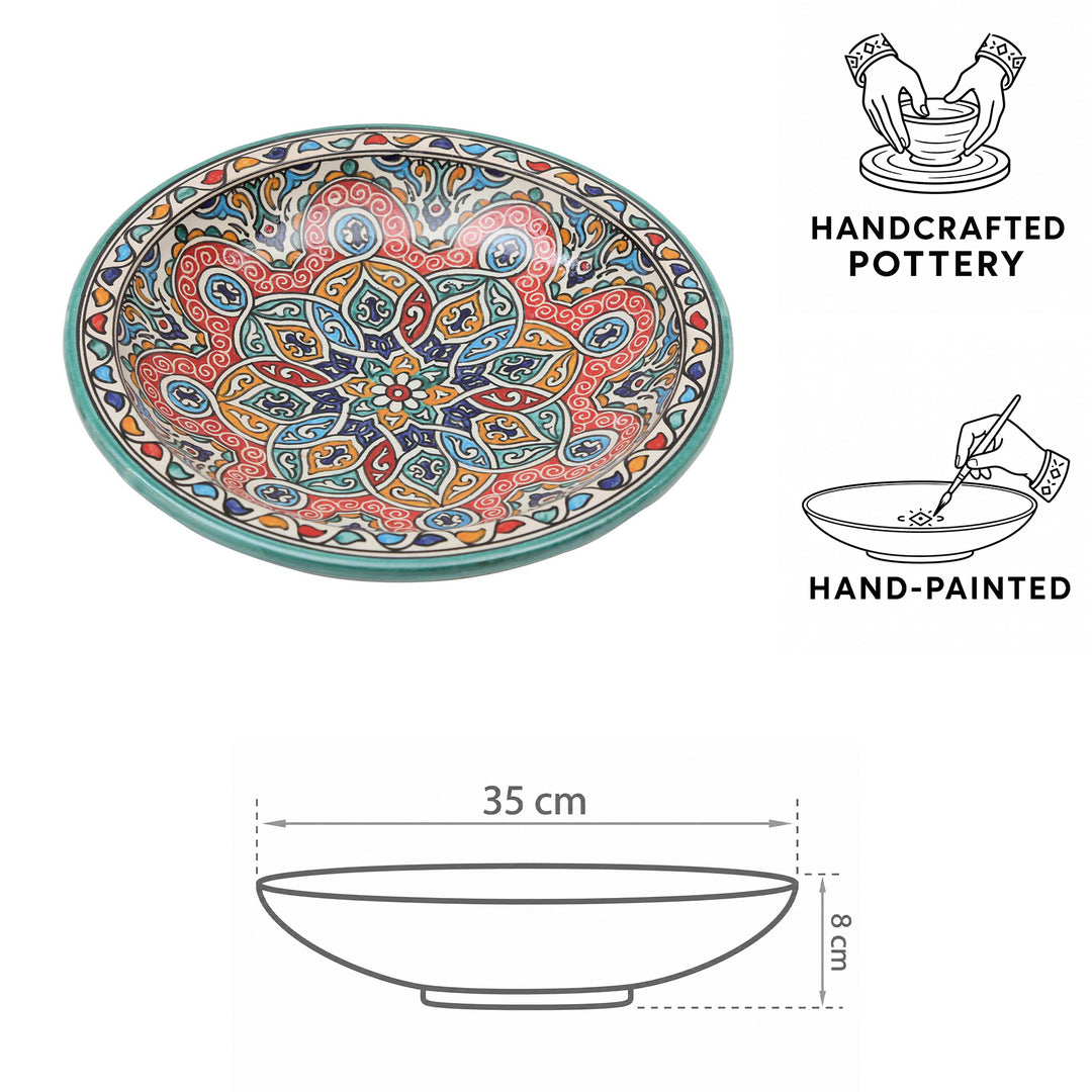 Handgeschilderde keramische schaal met ornamenten in turkoois, rood, oranje en blauw – diameter 35 cm