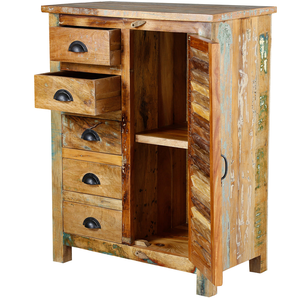 Highboard aus massivem Holz mit geöffneten Schubladen und Tür, sichtbarer Innenraum, freigestellt