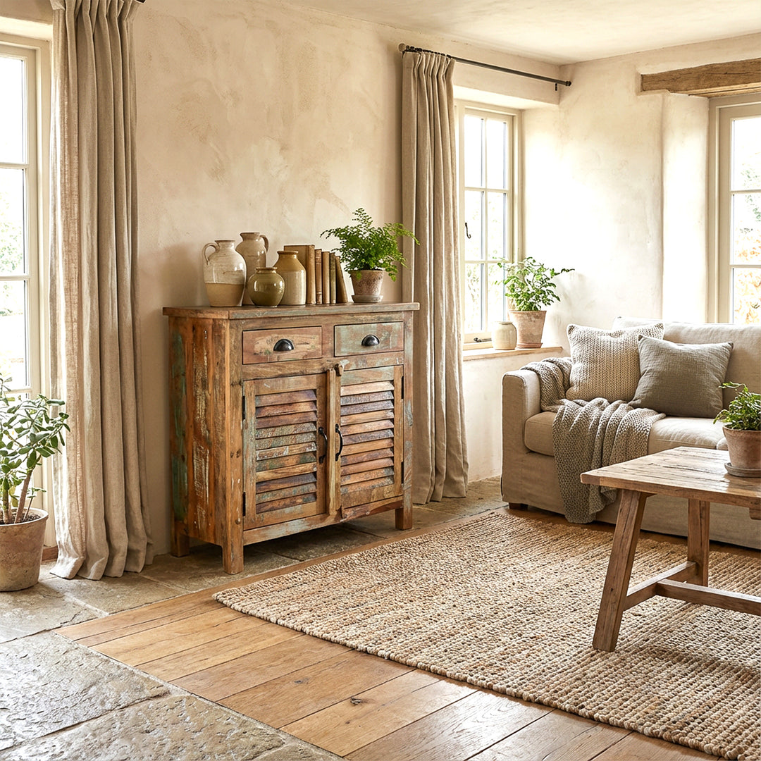 Vintage Highboard aus massivem Altholz im Wohnzimmer, helle Textilien, natürliche Wohnszene
