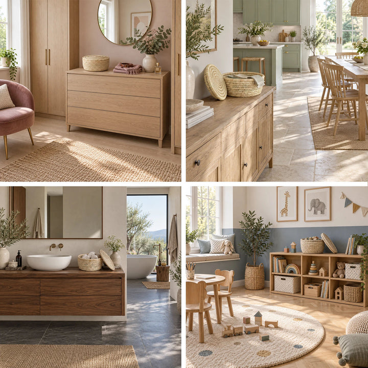 Collage: Opbergmand van palmblad, Ø 28 cm, in de kleedkamer, de eetkamer, de badkamer en de kinderkamer.