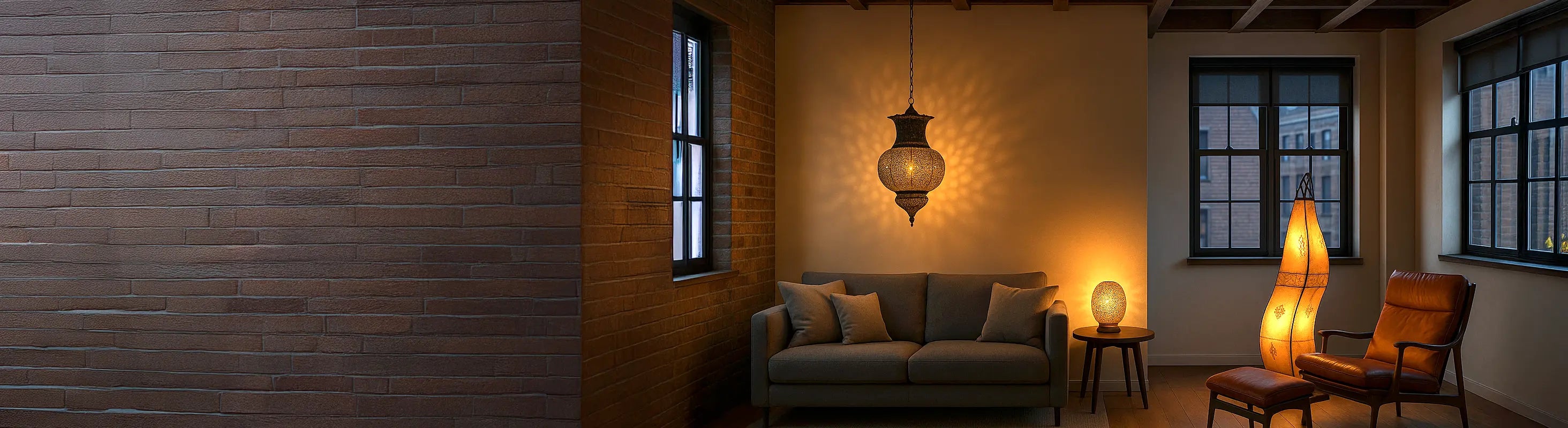 Lampen & verlichting – Wohnzimmer mit orientalischer Hängelampe, Tischlampe und Stehlampe – stimmungsvolle Beleuchtung neben Sofa und Sessel