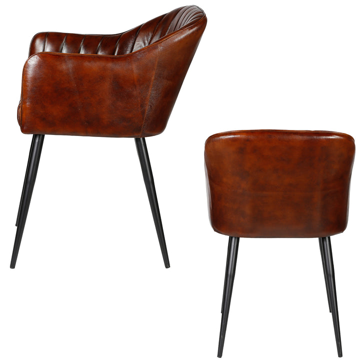 Seiten- und Rückansicht eines antikbraunen Echtlederstuhls mit vertikaler Steppung und schwarzem Metallgestell – detailreiche Darstellung von Form und Material.
