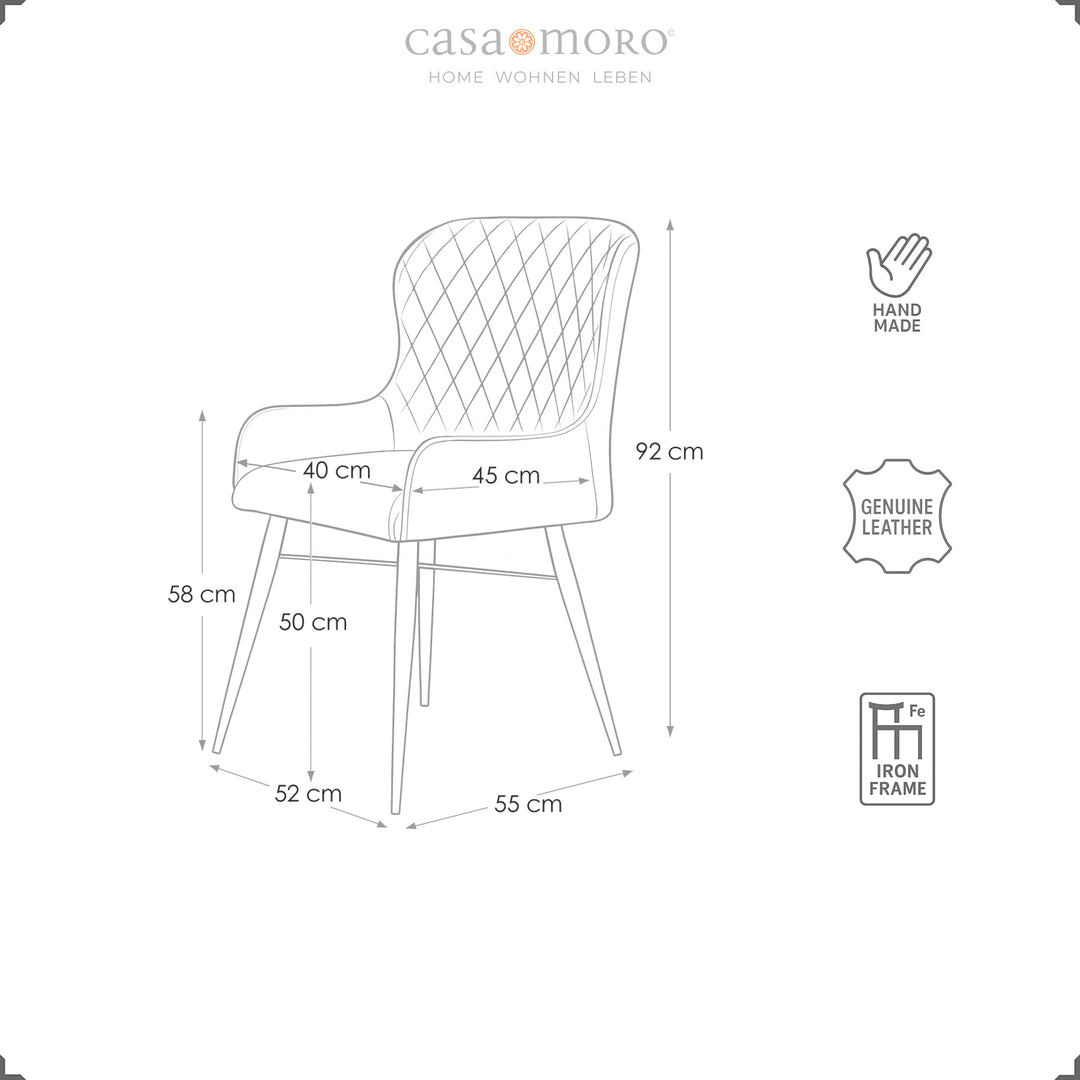 Masszeichnung eines Lederstuhls in Antikbraun mit Maßangaben – Breite 52 cm, Tiefe 55 cm, Höhe 92 cm, Echtlederbezug mit Rautensteppung und schwarzem Metallgestell.