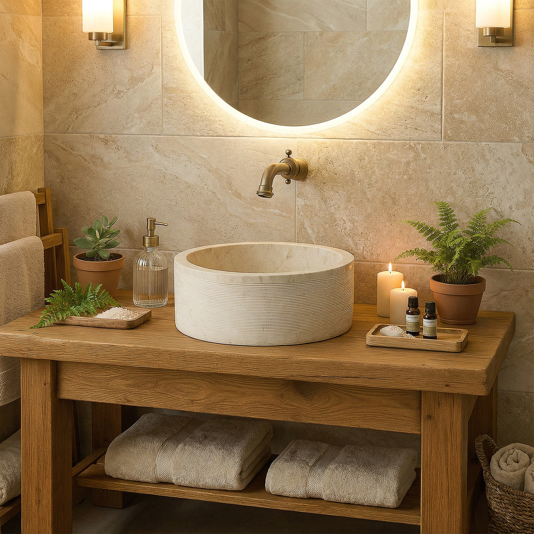 Ronde opzetwastafel van licht marmer op een houten wastafel, harmonieus geënsceneerd in de warme spabadkamer met kaarsen.