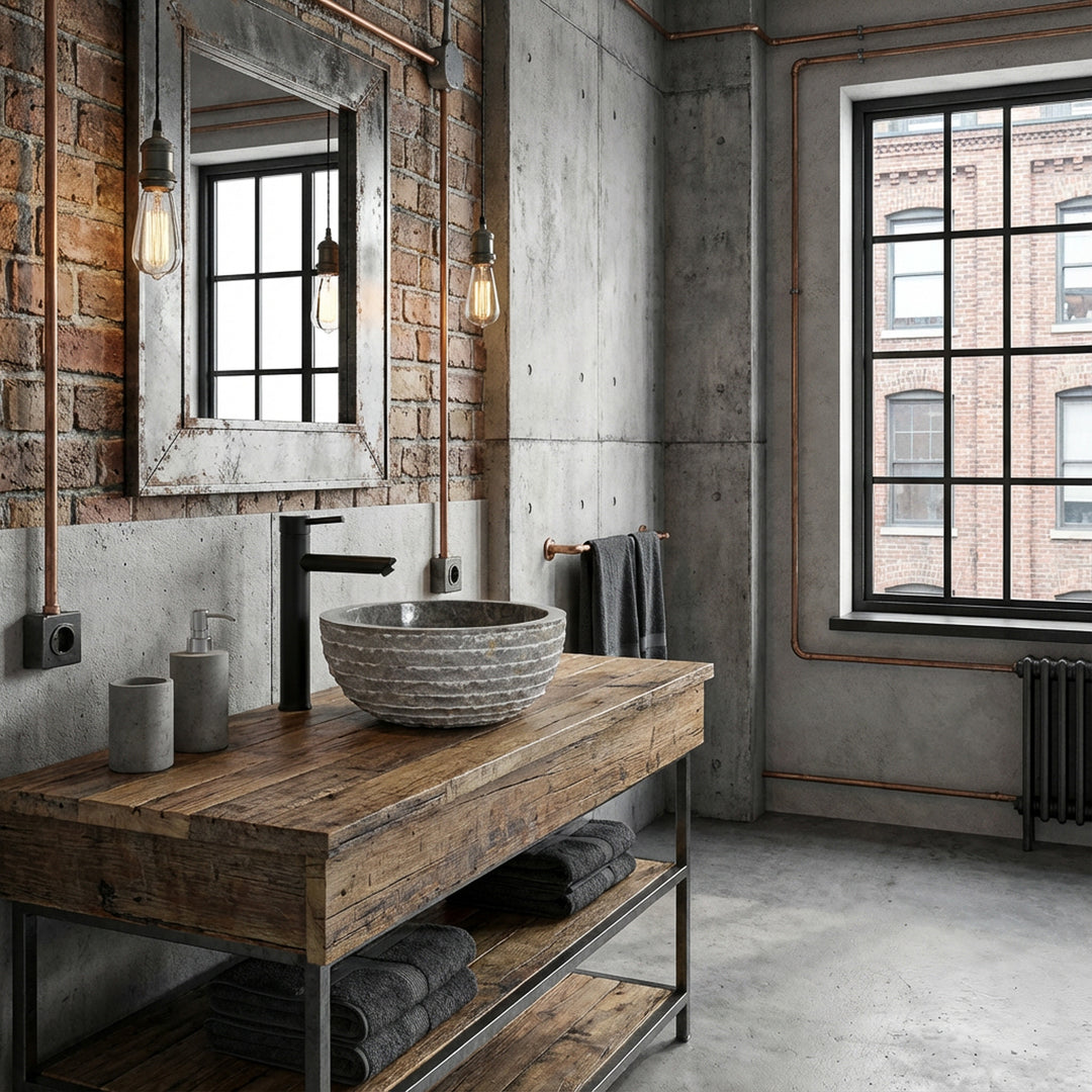 Ronde marmeren stenen gootsteen op rustieke houten tafel in industriële badkamer met zichtbaar beton, baksteen en zwarte fittingen