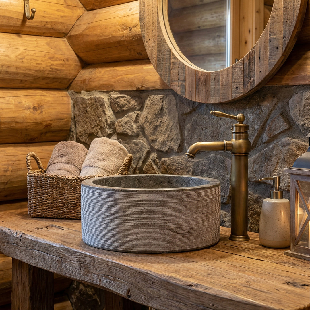 Rond marmerWastafel op een rustieke houten console met messing beslag in de gezellige chaletbadkamer, warm verlicht.
