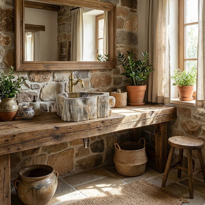 Aanrechtstenen wastafel met fossiele houtstructuur op rustieke houten console, natuurlijke badkamer met stenen muur en daglicht.