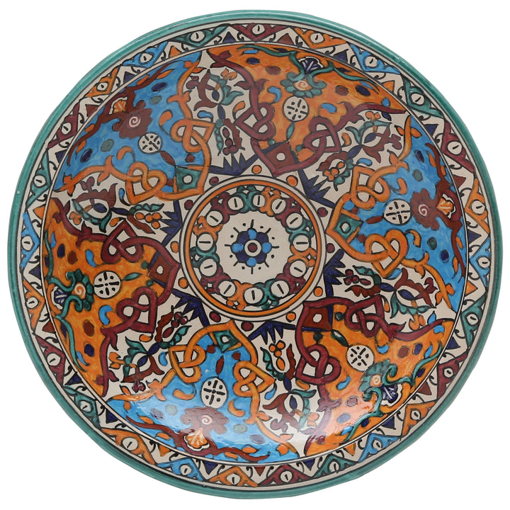 Marokkaanse keramische schaal uit Fez, met de hand beschilderd in turkoois en oranje, Ø 35 cm