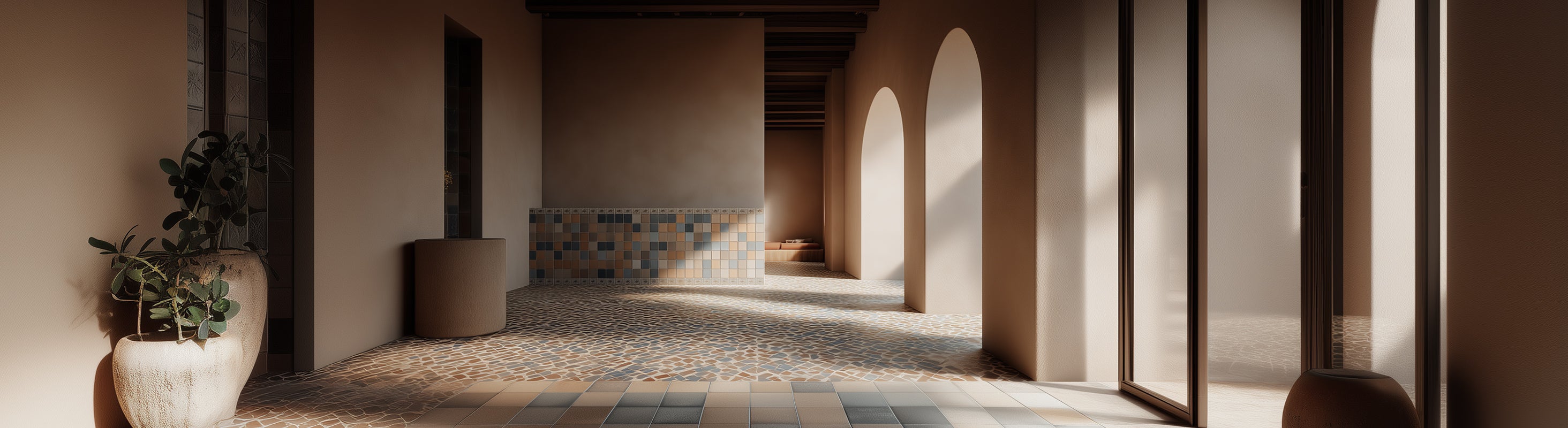 Tegels – Mediterrane binnenplaats met geometrische mozaïektegels op de vloer en rustige muren in Moorse stijl.