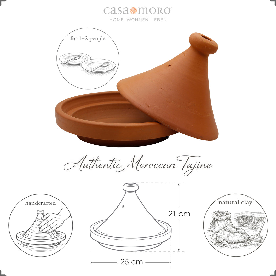 Tajine uit Marokko 25 cm voor 1-2 personen, handgemaakt en natuurlijke klei
