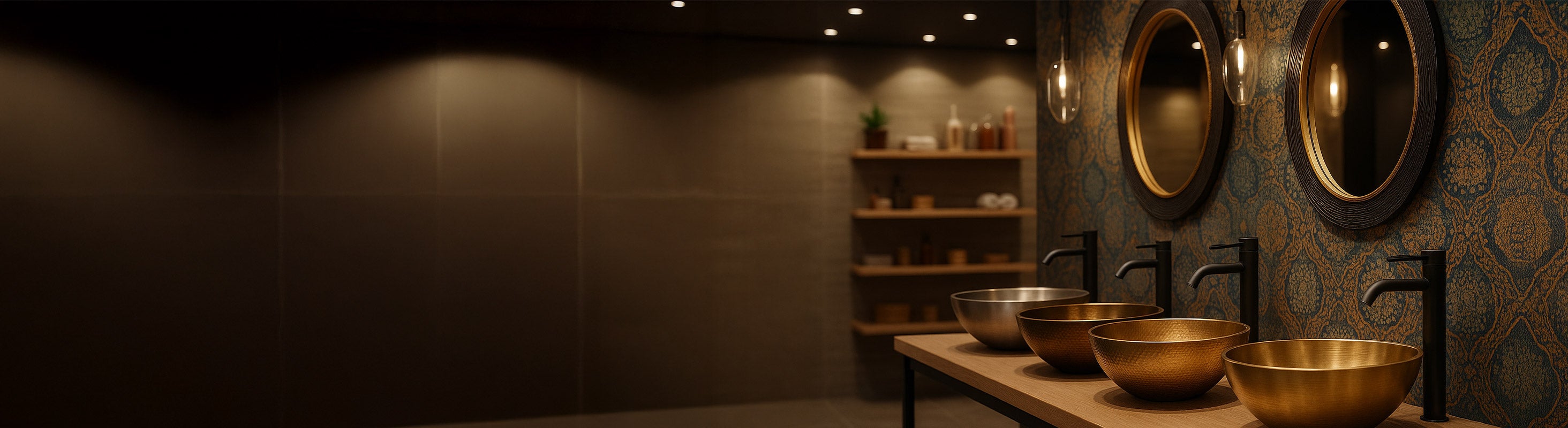 Metalen wastafel – Vier hochwertige Metall-Waschbecken in verschiedenen Formen aus Gold, Bronze und Edelstahl auf Holzplatte vor gemusterter Wand mit Spiegeln