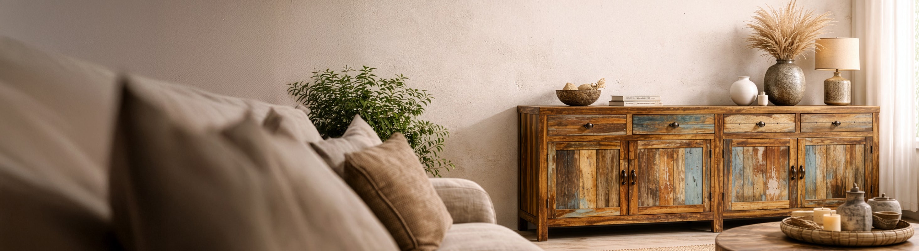 Massief houten meubelen – Banner der Creative Collection mit HANDMADE Möbeln aus Massivholz und Mango-Altholz im Vintage-Boho-Stil