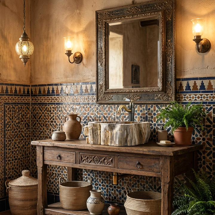 Opzetwastafel van natuursteen met een tekening van fossiel hout, geënsceneerd op een houten console in de oosterse badkamer met mozaïektegels.