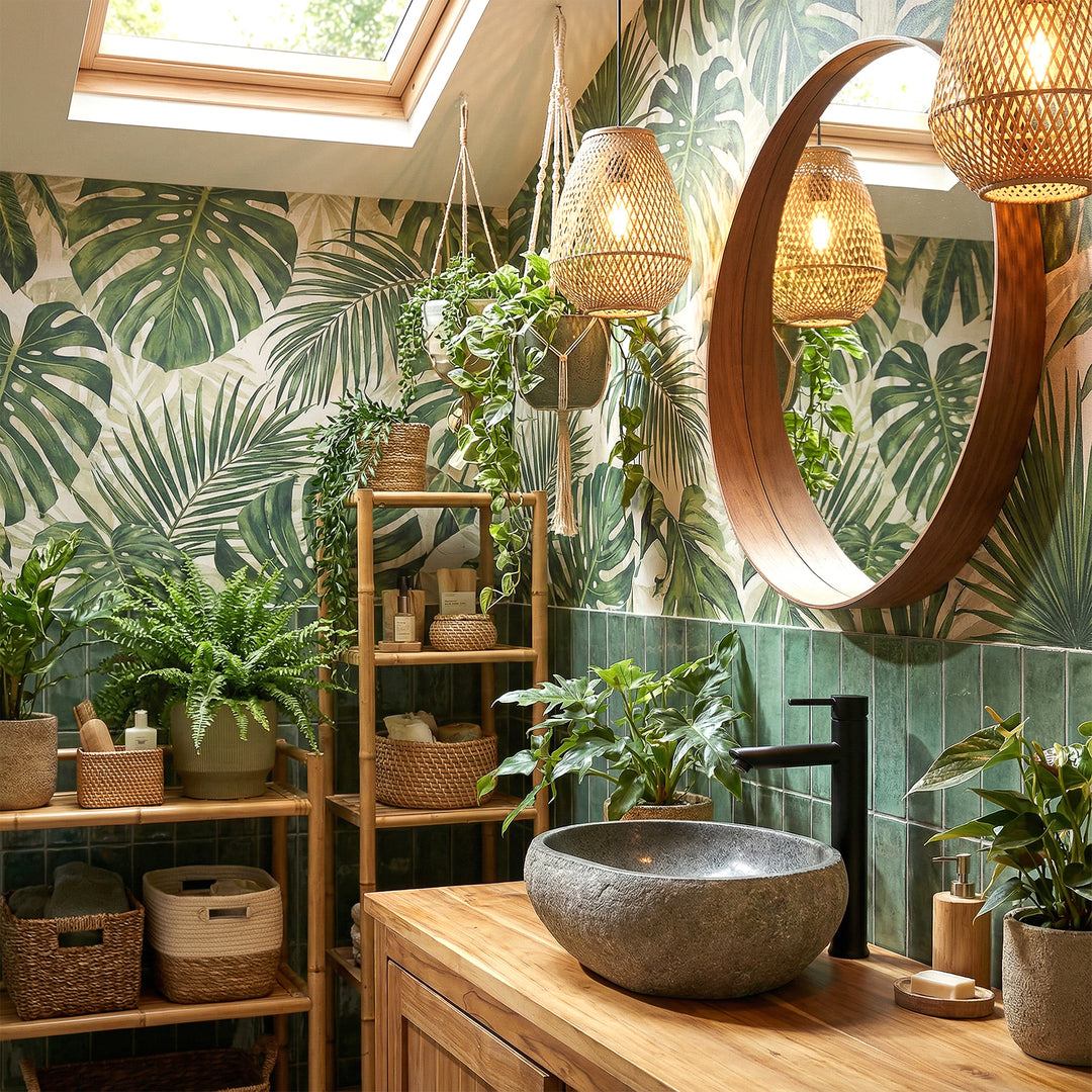 Rivierstenen aanrechtbassin in groene spabadkamer op houten wastafelmeubel, gecombineerd met zwarte fittingen en plantenambiance