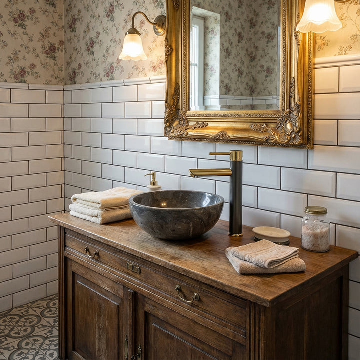 Ronde opzetwastafel van natuursteen op een houten wastafel in een elegante badkamer met goudkleurig beslag en spiegel