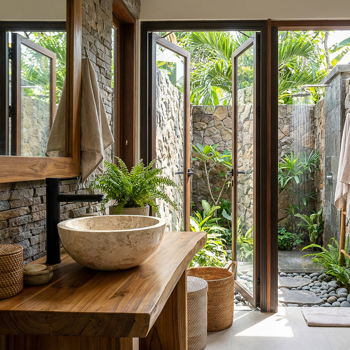 Ronde opzetwastafel van licht natuursteen op houten wastafel met zwart beslag in de open badkamer met tuinzicht