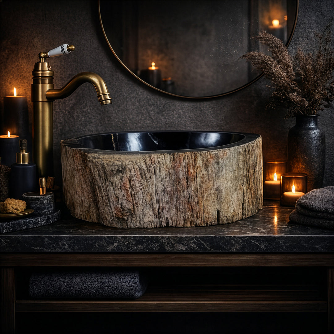 Wastafel Gemaakt van versteend hout met een donker binnenoppervlak, ronde opzetwastafel in sfeervolle badkamersfeer met kaarslicht.