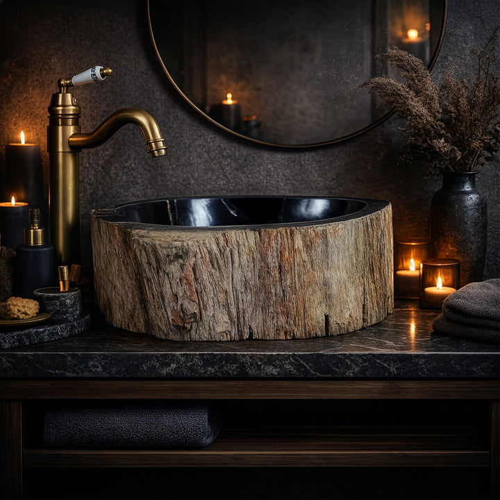 Wastafel Gemaakt van versteend hout met een donker binnenoppervlak, ronde opzetwastafel in sfeervolle badkamersfeer met kaarslicht.